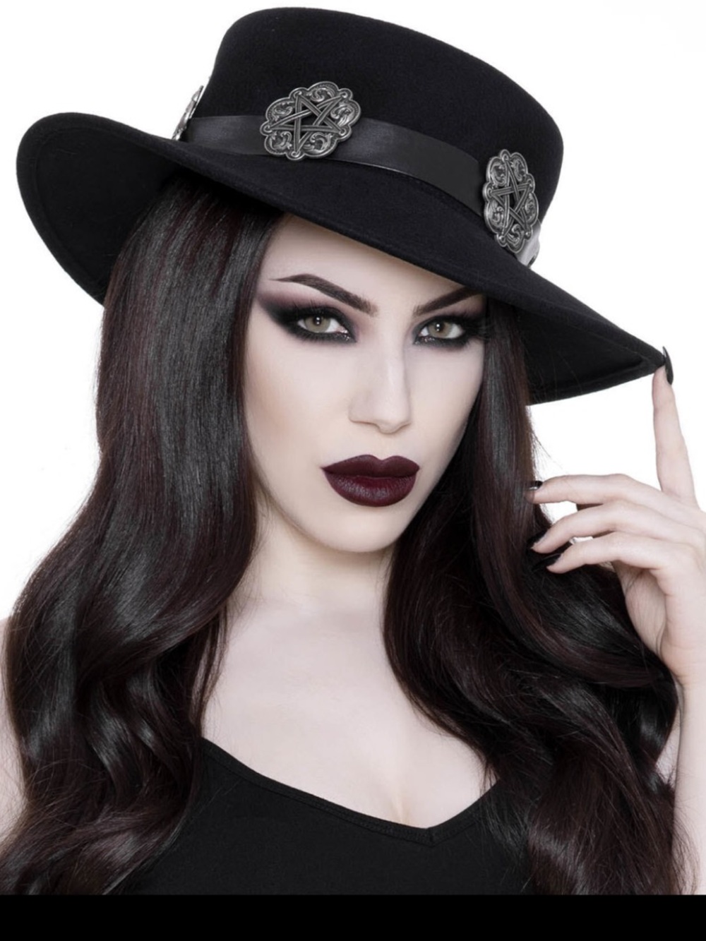 KILLSTAR Mystic Maven Pentagram Concho Wide Brim Wool Hat Gambler Black